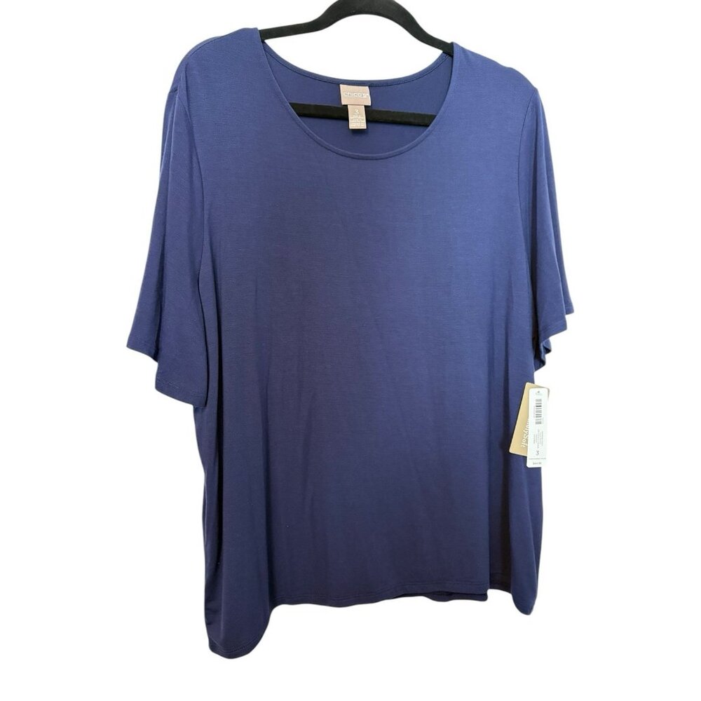 CHICO's navy blue Supremely Soft Boat neck short sleeve tunic Top Size 3 NEW NWT